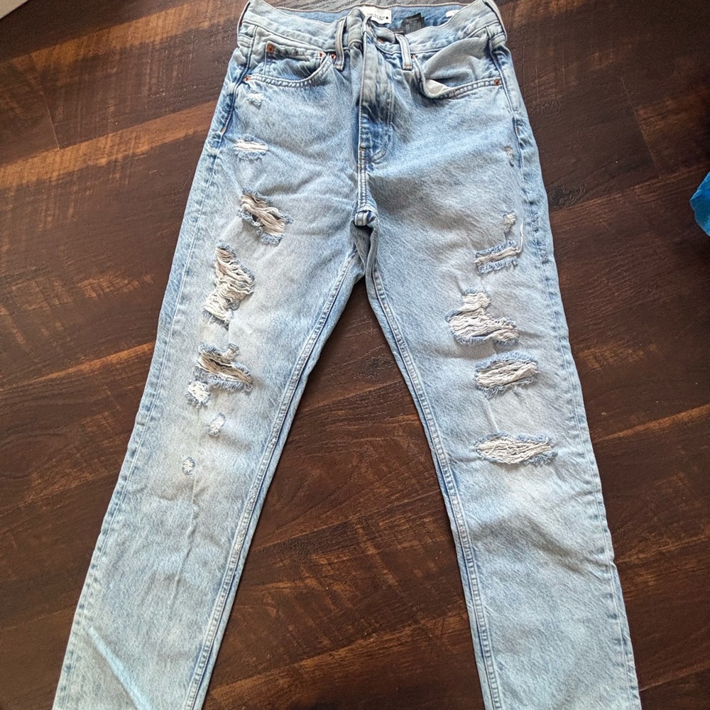 Zara Light Blue Distressed Straight Leg Jeans